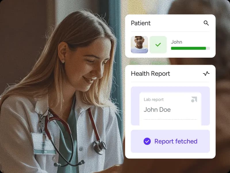 A clinician reviewing a patient record beside a fetched lab report card