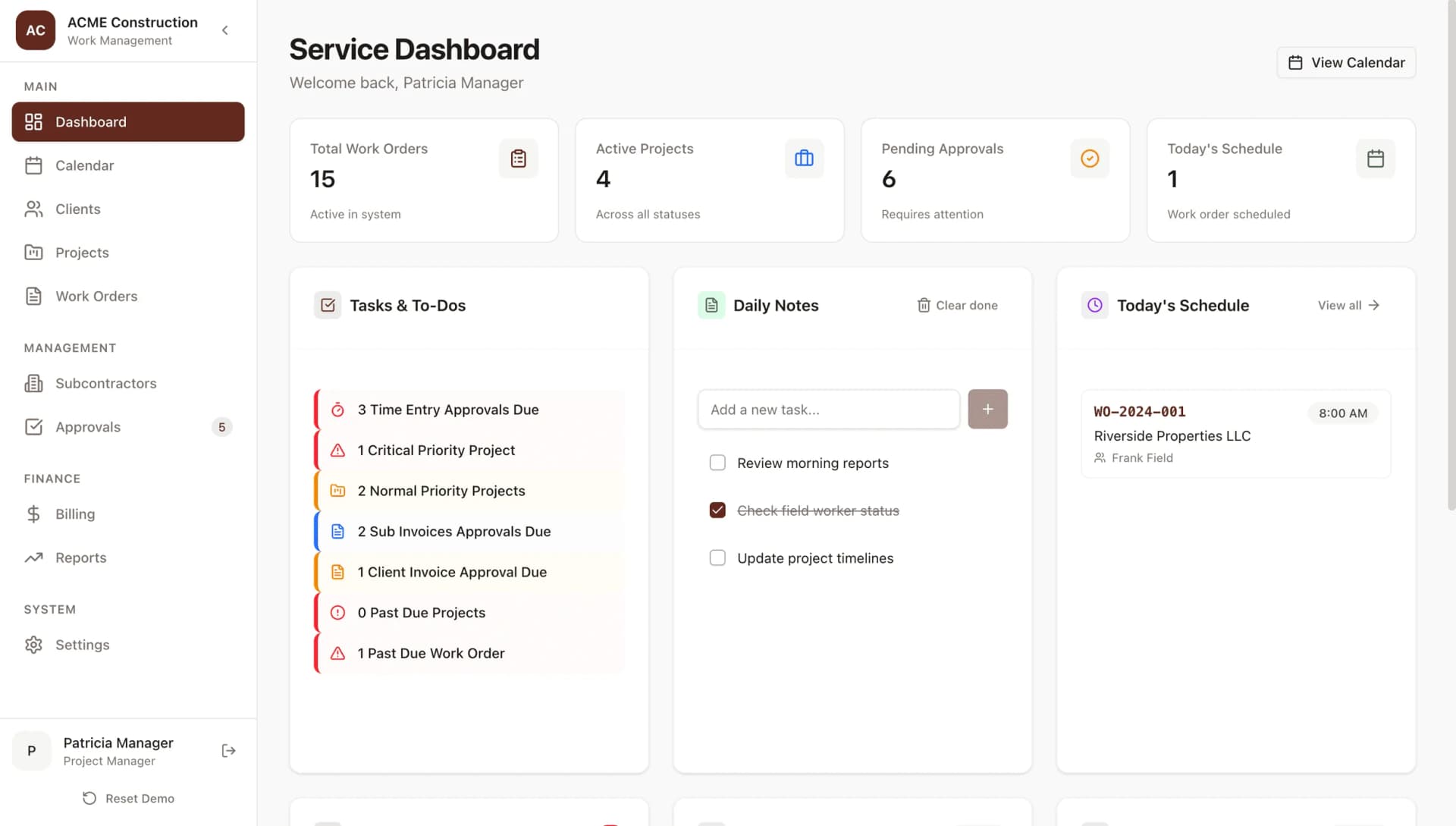 Work order dashboard showing prioritised and assigned tasks
